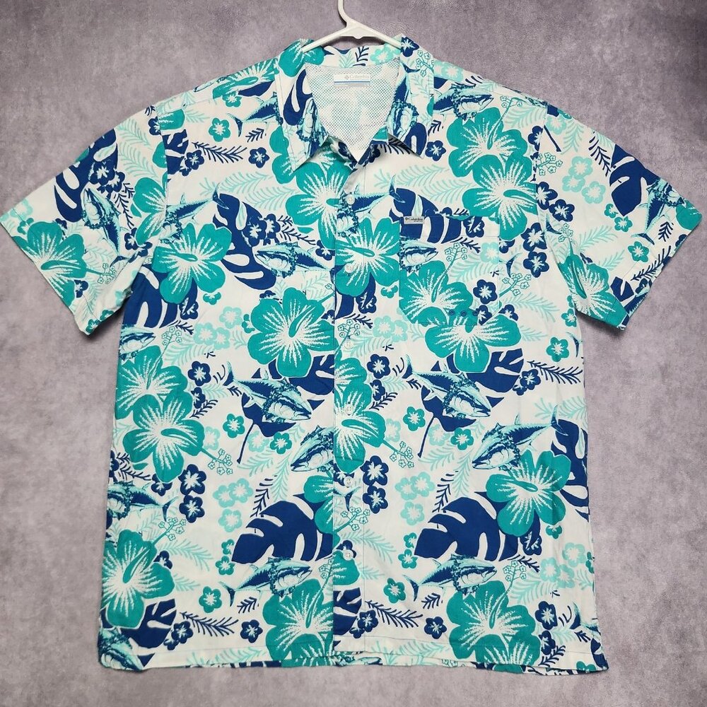 Columbia PFG Shirt Mens Large Floral Hawaiian Fishing Vented Short Sleeve Blue
